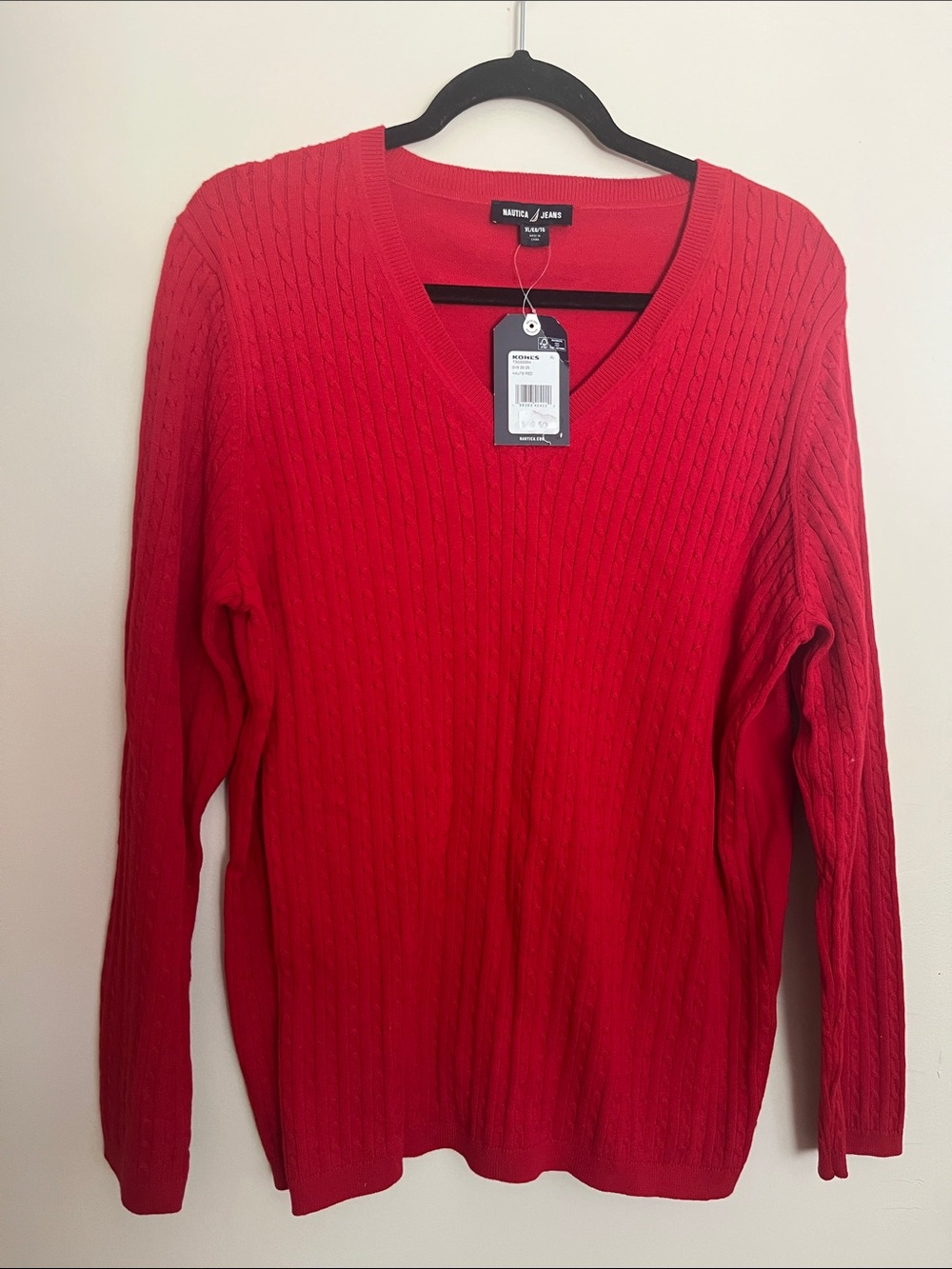 Nautica Jeans Haute Red Cable Knit V-Neck Sweater